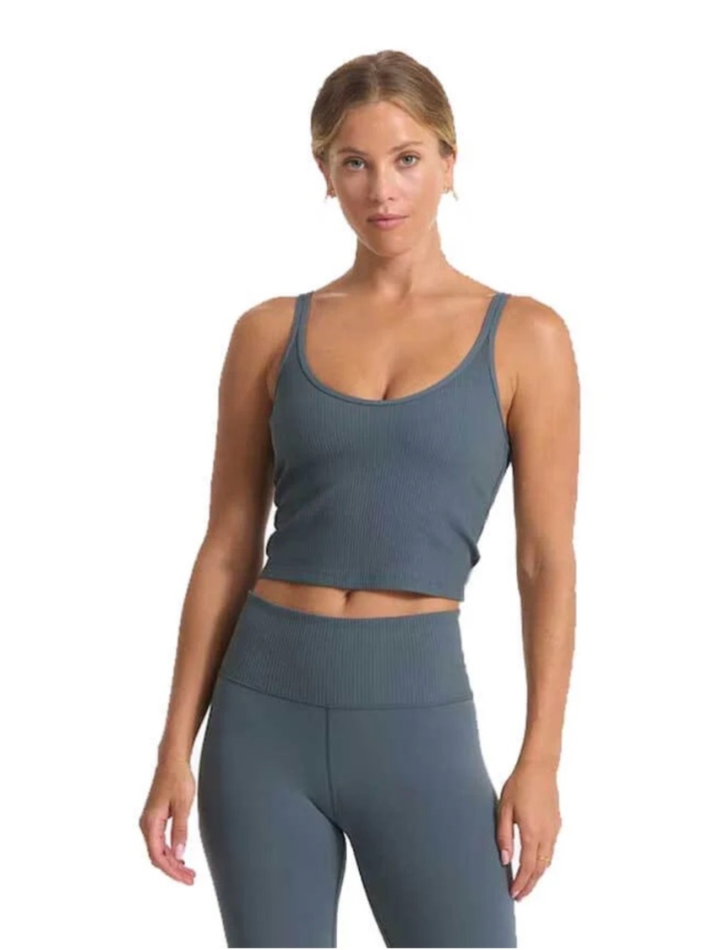 Vuori Ribbed Scoop Crop Tank in Slate Blue